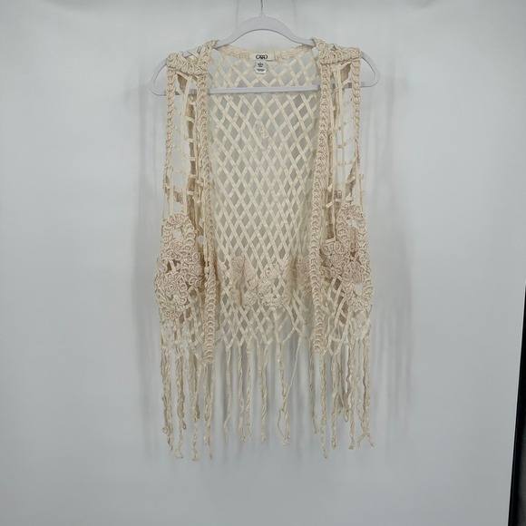 Womens Boho Festival Crochet Vest Size L Fringe Open Front Hippie Romantic